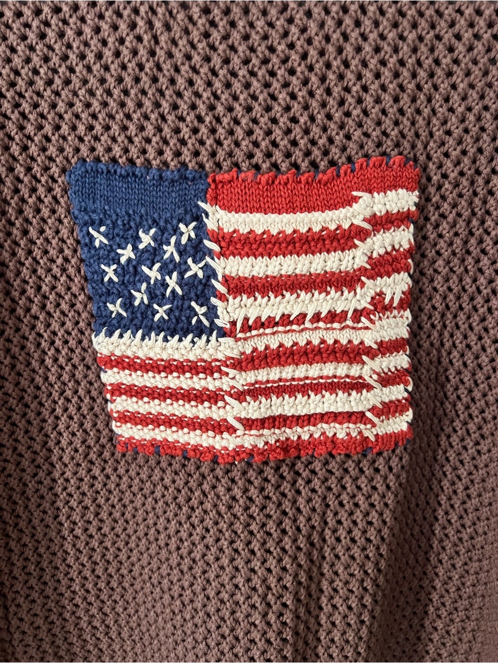 Zenana Brown Open-Knit American flag embroidered Crewneck Sweater - Picture 4 of 5